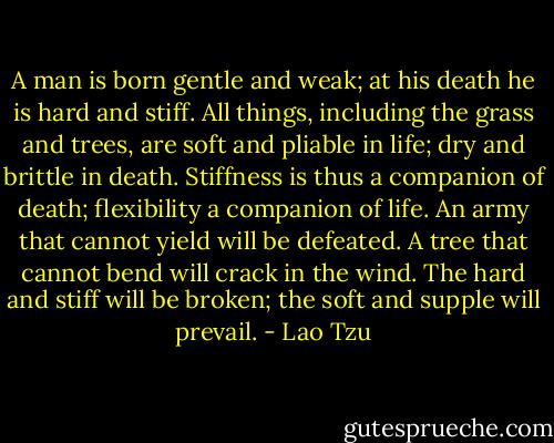 A man is born gentle and weak; at his death he is hard and stiff. All things, including the grass and trees, are soft and pliable in life; dry and brittle in death. Stiffness is thus a companion of death; flexibility a companion of life. An army that cannot yield will be defeated. A tree that cannot bend will crack in the wind. The hard and stiff will be broken; the soft and supple will prevail. - Lao Tzu