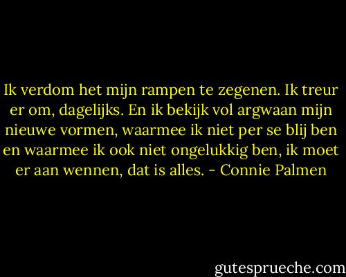 Ik verdom het mijn rampen te zegenen. Ik treur er om, dagelijks. En ik bekijk vol argwaan mijn nieuwe vormen, waarmee ik niet per se blij ben en waarmee ik ook niet ongelukkig ben, ik moet er aan wennen, dat is alles. - Connie Palmen
