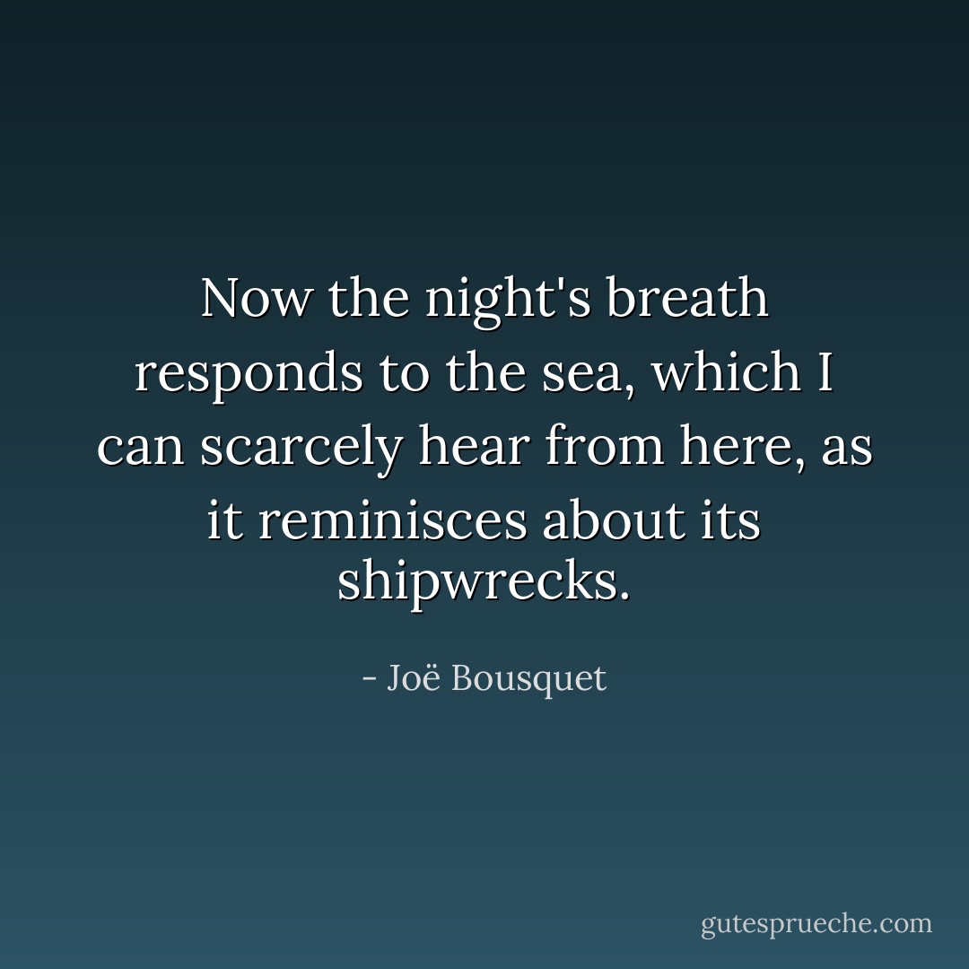 Now the night's breath responds to the sea, which I can scarcely hear from here, as it reminisces about its shipwrecks. - Joë Bousquet