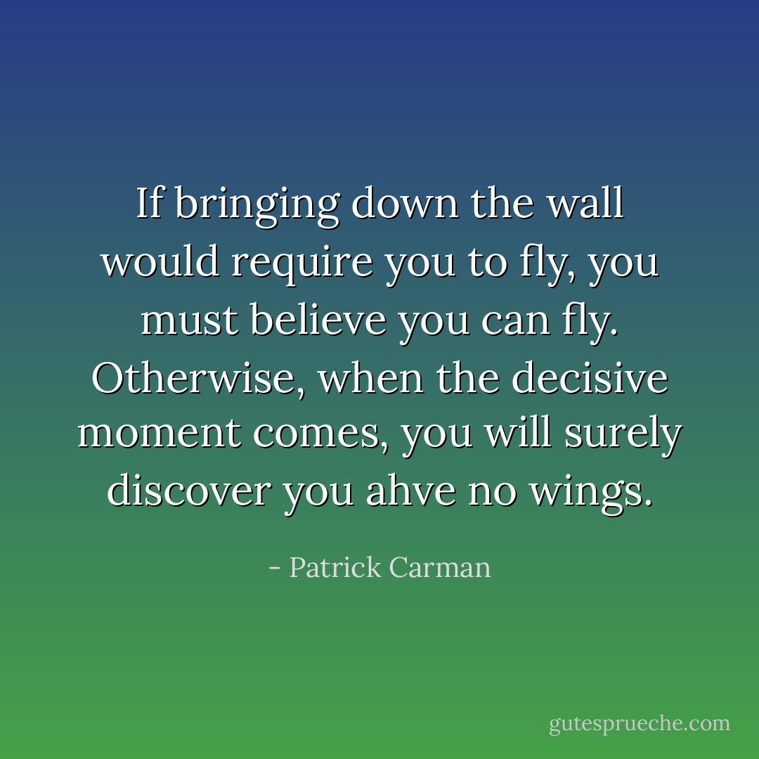 If bringing down the wall would require you to fly, you must believe you can fly. Otherwise, when the decisive moment comes, you will surely discover you ahve no wings. - Patrick Carman