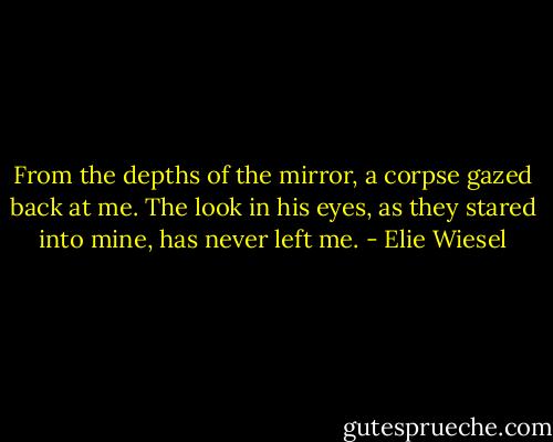 From the depths of the mirror, a corpse gazed back at me. The look in his eyes, as they stared into mine, has never left me. - Elie Wiesel