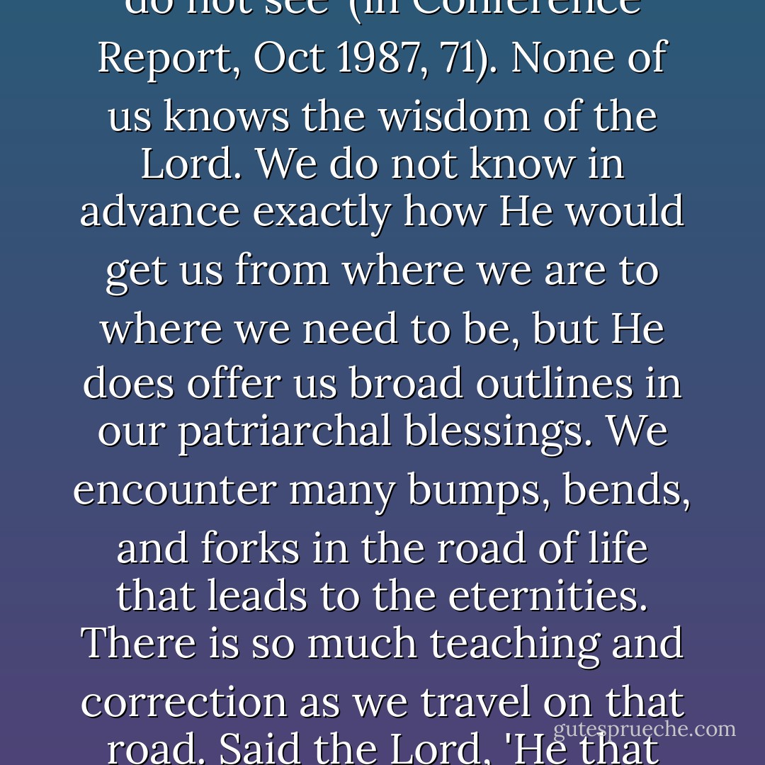 President Howard W. Hunter once said, 'God knows what we do not know and sees what we do not see' (in Conference Report, Oct 1987, 71). None of us knows the wisdom of the Lord. We do not know in advance exactly how He would get us from where we are to where we need to be, but He does offer us broad outlines in our patriarchal blessings. We encounter many bumps, bends, and forks in the road of life that leads to the eternities. There is so much teaching and correction as we travel on that road. Said the Lord, 'He that will not bear chastisement is not worthy of my kingdom' (D - James E. Faust