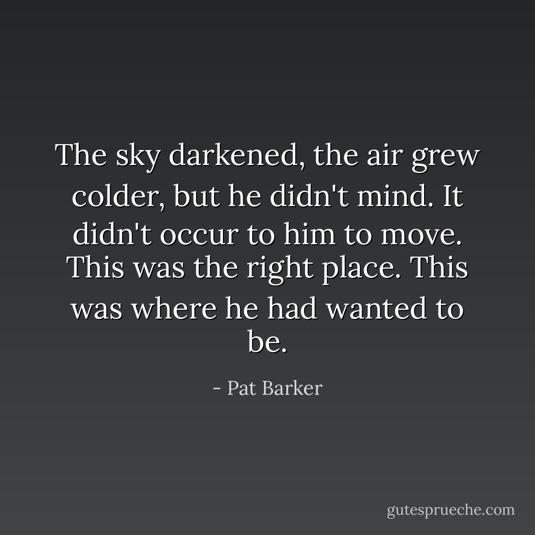 The sky darkened, the air grew colder, but he didn't mind. It didn't occur to him to move. This was the right place. This was where he had wanted to be. - Pat Barker