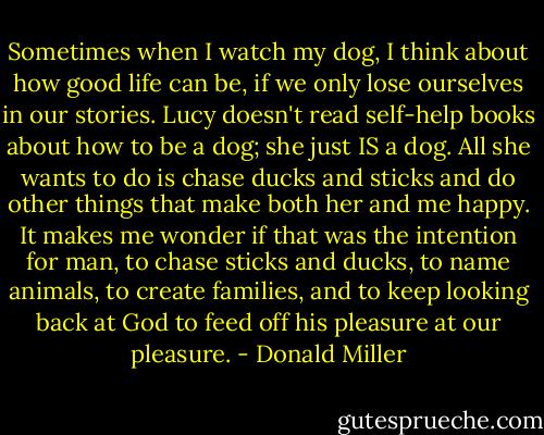 Sometimes when I watch my dog, I think about how good life can be, if we only lose ourselves in our stories. Lucy doesn't read self-help books about how to be a dog; she just IS a dog. All she wants to do is chase ducks and sticks and do other things that make both her and me happy. It makes me wonder if that was the intention for man, to chase sticks and ducks, to name animals, to create families, and to keep looking back at God to feed off his pleasure at our pleasure. - Donald Miller