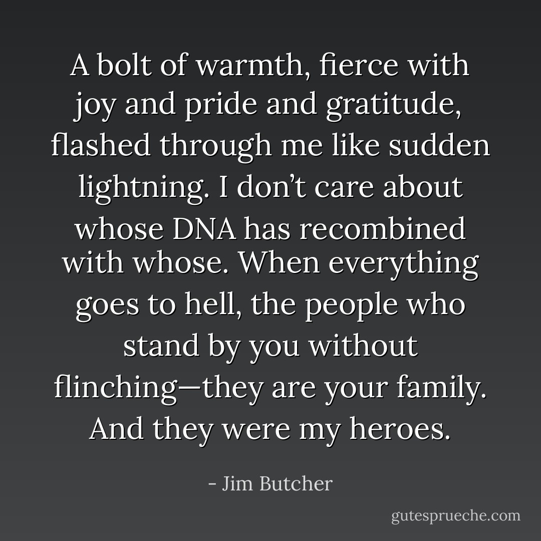 A bolt of warmth, fierce with joy and pride and gratitude, flashed through me like sudden lightning. I don’t care about whose DNA has recombined with whose. When everything goes to hell, the people who stand by you without flinching—they are your family. And they were my heroes. - Jim Butcher