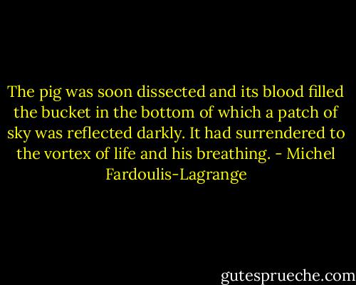 The pig was soon dissected and its blood filled the bucket in the bottom of which a patch of sky was reflected darkly. It had surrendered to the vortex of life and his breathing. - Michel Fardoulis-Lagrange