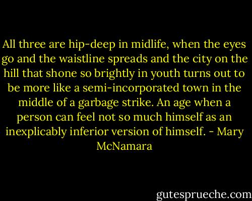 All three are hip-deep in midlife, when the eyes go and the waistline spreads and the city on the hill that shone so brightly in youth turns out to be more like a semi-incorporated town in the middle of a garbage strike. An age when a person can feel not so much himself as an inexplicably inferior version of himself. - Mary McNamara
