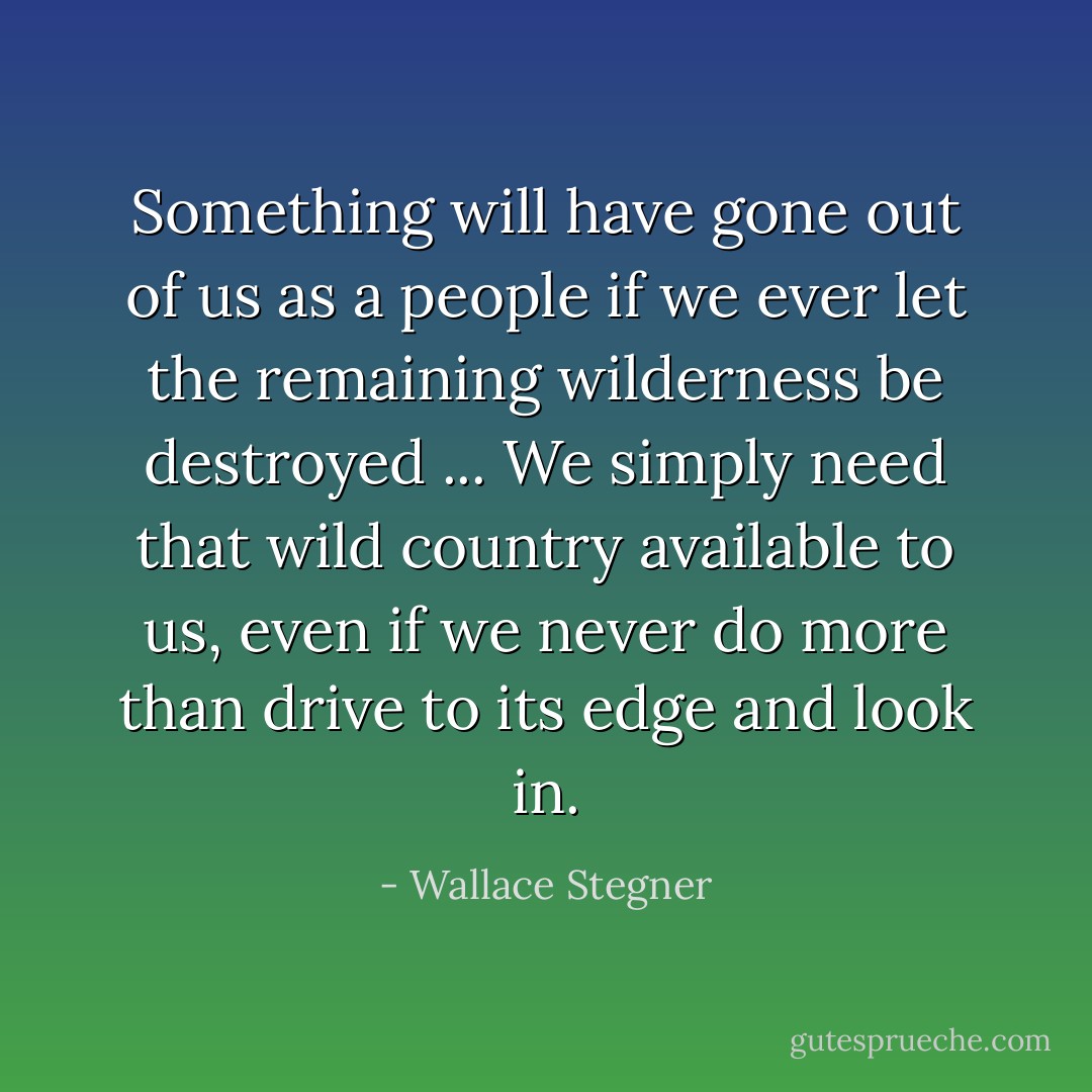 Something will have gone out of us as a people if we ever let the remaining wilderness be destroyed ... We simply need that wild country available to us, even if we never do more than drive to its edge and look in. - Wallace Stegner