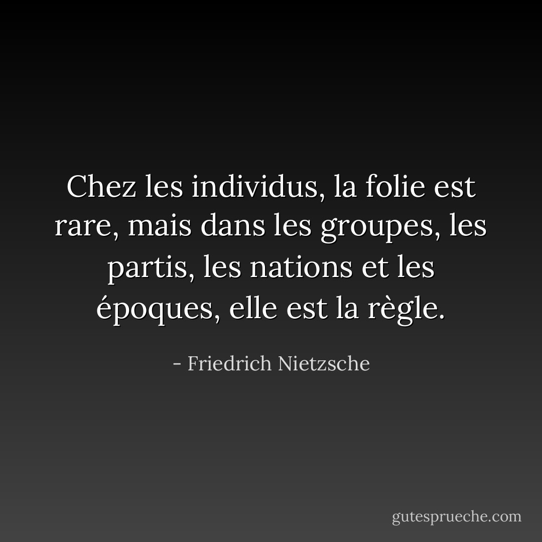 Chez les individus, la folie est rare, mais dans les groupes, les partis, les nations et les époques, elle est la règle. - Friedrich Nietzsche