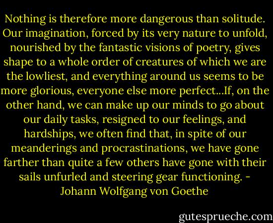 Nothing is therefore more dangerous than solitude. Our imagination, forced by its very nature to unfold, nourished by the fantastic visions of poetry, gives shape to a whole order of creatures of which we are the lowliest, and everything around us seems to be more glorious, everyone else more perfect...If, on the other hand, we can make up our minds to go about our daily tasks, resigned to our feelings, and hardships, we often find that, in spite of our meanderings and procrastinations, we have gone farther than quite a few others have gone with their sails unfurled and steering gear functioning. - Johann Wolfgang von Goethe
