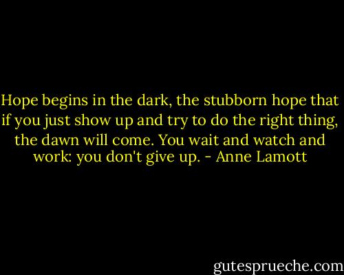 Hope begins in the dark, the stubborn hope that if you just show up and try to do the right thing, the dawn will come. You wait and watch and work: you don't give up. - Anne Lamott