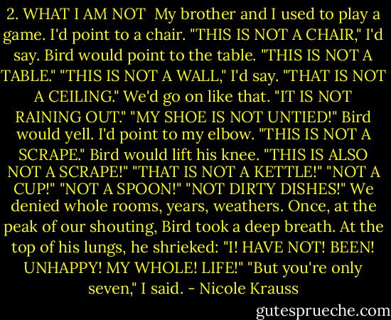 2. WHAT I AM NOT<br /><br />My brother and I used to play a game. I'd point to a chair. "THIS IS NOT A CHAIR," I'd say. Bird would point to the table. "THIS IS NOT A TABLE." "THIS IS NOT A WALL," I'd say. "THAT IS NOT A CEILING." We'd go on like that. "IT IS NOT RAINING OUT." "MY SHOE IS NOT UNTIED!" Bird would yell. I'd point to my elbow. "THIS IS NOT A SCRAPE." Bird would lift his knee. "THIS IS ALSO NOT A SCRAPE!" "THAT IS NOT A KETTLE!" "NOT A CUP!" "NOT A SPOON!" "NOT DIRTY DISHES!" We denied whole rooms, years, weathers. Once, at the peak of our shouting, Bird took a deep breath. At the top of his lungs, he shrieked: "I! HAVE NOT! BEEN! UNHAPPY! MY WHOLE! LIFE!" "But you're only seven," I said. - Nicole Krauss