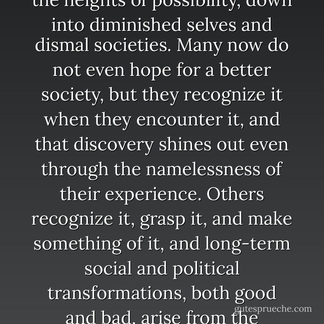 This is a paradise of rising to the occasion that points out by contrast how the rest of the time most of us fall down from the heights of possibility, down into diminished selves and dismal societies. Many now do not even hope for a better society, but they recognize it when they encounter it, and that discovery shines out even through the namelessness of their experience. Others recognize it, grasp it, and make something of it, and long-term social and political transformations, both good and bad, arise from the wreckage. The door to this ear's potential paradises is in hell. - Rebecca Solnit