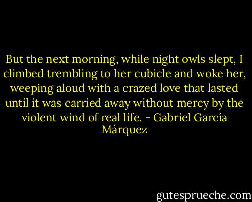 But the next morning, while night owls slept, I climbed trembling to her cubicle and woke her, weeping aloud with a crazed love that lasted until it was carried away without mercy by the violent wind of real life. - Gabriel García Márquez