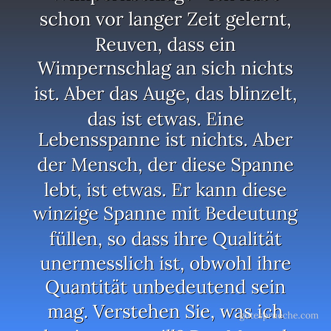 Der Mensch lebt nicht ewig, Reuven. Wir leben weniger als die Zeit eines Wimpernschlages, wenn wir unser Leben an der Ewigkeit messen. Es stellt sich also die Frage, welchen Wert ein Menschenleben hat. Es gibt so viel Leid auf der Welt. Was bedeutet es, so viel leiden zu müssen, wenn unser Leben nicht mehr ist als ein Wimpernschlag? <br /><br />Ich habe schon vor langer Zeit gelernt, Reuven, dass ein Wimpernschlag an sich nichts ist. Aber das Auge, das blinzelt, das ist etwas. Eine Lebensspanne ist nichts. Aber der Mensch, der diese Spanne lebt, ist etwas. Er kann diese winzige Spanne mit Bedeutung füllen, so dass ihre Qualität unermesslich ist, obwohl ihre Quantität unbedeutend sein mag. Verstehen Sie, was ich damit sagen will? Der Mensch muss sein Leben mit Sinn füllen, der Sinn ist dem Leben nicht automatisch gegeben. <br /><br />Es ist harte Arbeit, das eigene Leben mit Sinn zu füllen. Ich glaube, das haben Sie noch nicht verstanden. Ein sinnerfülltes Leben ist der Ruhe würdig. Ich will der Ruhe würdig sein, wenn ich nicht mehr hier bin. - Chaim Potok<
