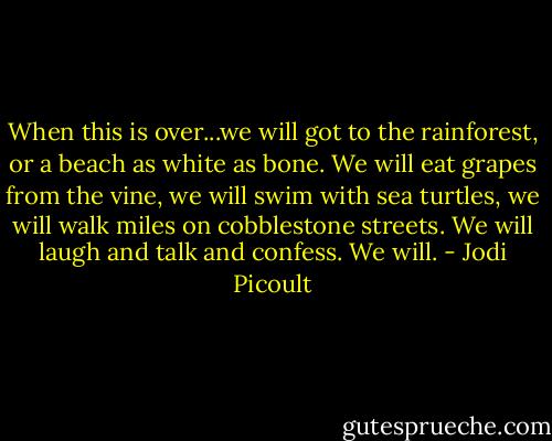 When this is over...we will got to the rainforest, or a beach as white as bone. We will eat grapes from the vine, we will swim with sea turtles, we will walk miles on cobblestone streets. We will laugh and talk and confess. We will. - Jodi Picoult