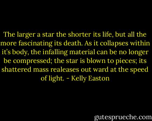 The larger a star the shorter its life, but all the more fascinating its death. As it collapses within it’s body, the infalling material can be no longer be compressed; the star is blown to pieces; its shattered mass realeases out ward at the speed of light. - Kelly Easton