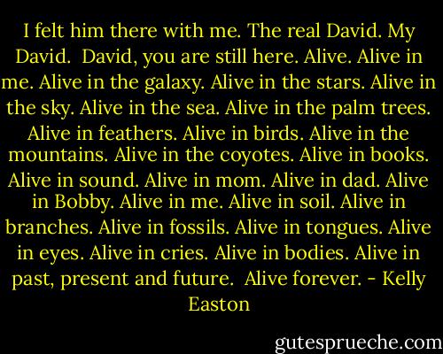 I felt him there with me. The real David. My David. <br />David, you are still here. Alive. Alive in me.<br />Alive in the galaxy.<br />Alive in the stars.<br />Alive in the sky.<br />Alive in the sea.<br />Alive in the palm trees.<br />Alive in feathers.<br />Alive in birds.<br />Alive in the mountains.<br />Alive in the coyotes.<br />Alive in books.<br />Alive in sound.<br />Alive in mom.<br />Alive in dad.<br />Alive in Bobby.<br />Alive in me.<br />Alive in soil.<br />Alive in branches.<br />Alive in fossils.<br />Alive in tongues.<br />Alive in eyes.<br />Alive in cries.<br />Alive in bodies.<br />Alive in past, present and future. <br />Alive forever. - Kelly Easton