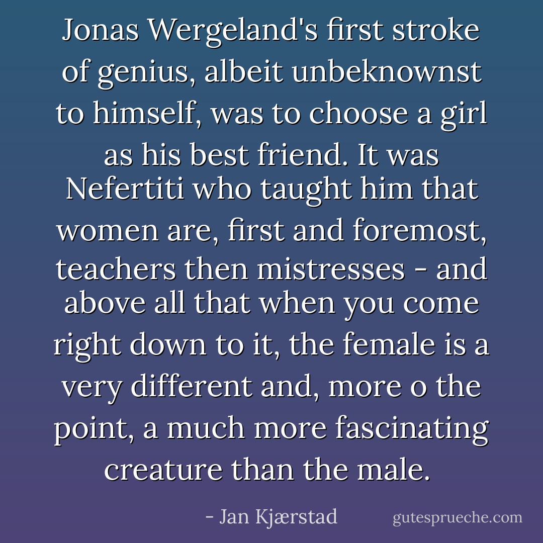 Jonas Wergeland's first stroke of genius, albeit unbeknownst to himself, was to choose a girl as his best friend. It was Nefertiti who taught him that women are, first and foremost, teachers then mistresses - and above all that when you come right down to it, the female is a very different and, more o the point, a much more fascinating creature than the male.  - Jan Kjærstad