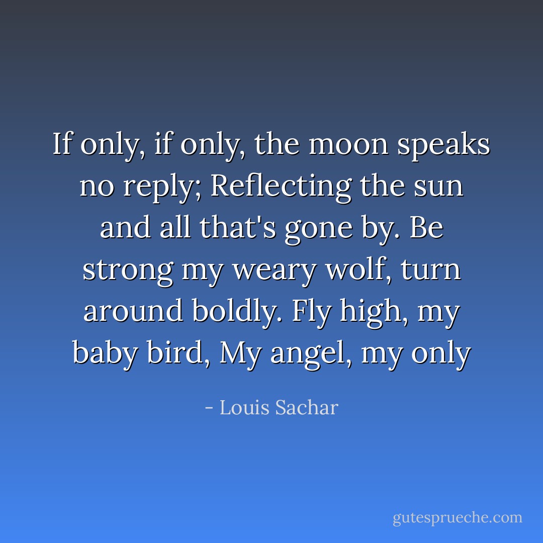 If only, if only, the moon speaks no reply;<br />Reflecting the sun and all that's gone by.<br />Be strong my weary wolf, turn around boldly.<br />Fly high, my baby bird,<br />My angel, my only - Louis Sachar