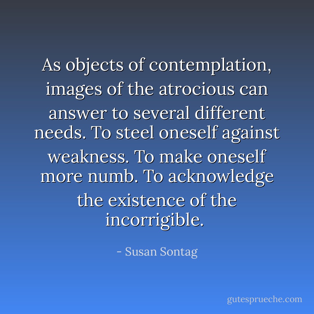 As objects of contemplation, images of the atrocious can answer to several different needs. To steel oneself against weakness. To make oneself more numb. To acknowledge the existence of the incorrigible.  - Susan Sontag