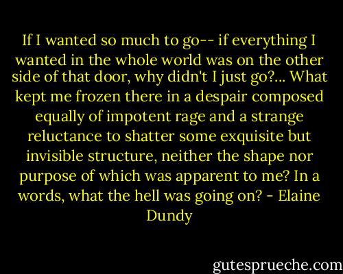 If I wanted so much to go-- if everything I wanted in the whole world was on the other side of that door, why didn't I just go?... What kept me frozen there in a despair composed equally of impotent rage and a strange reluctance to shatter some exquisite but invisible structure, neither the shape nor purpose of which was apparent to me? In a words, what the hell was going on? - Elaine Dundy