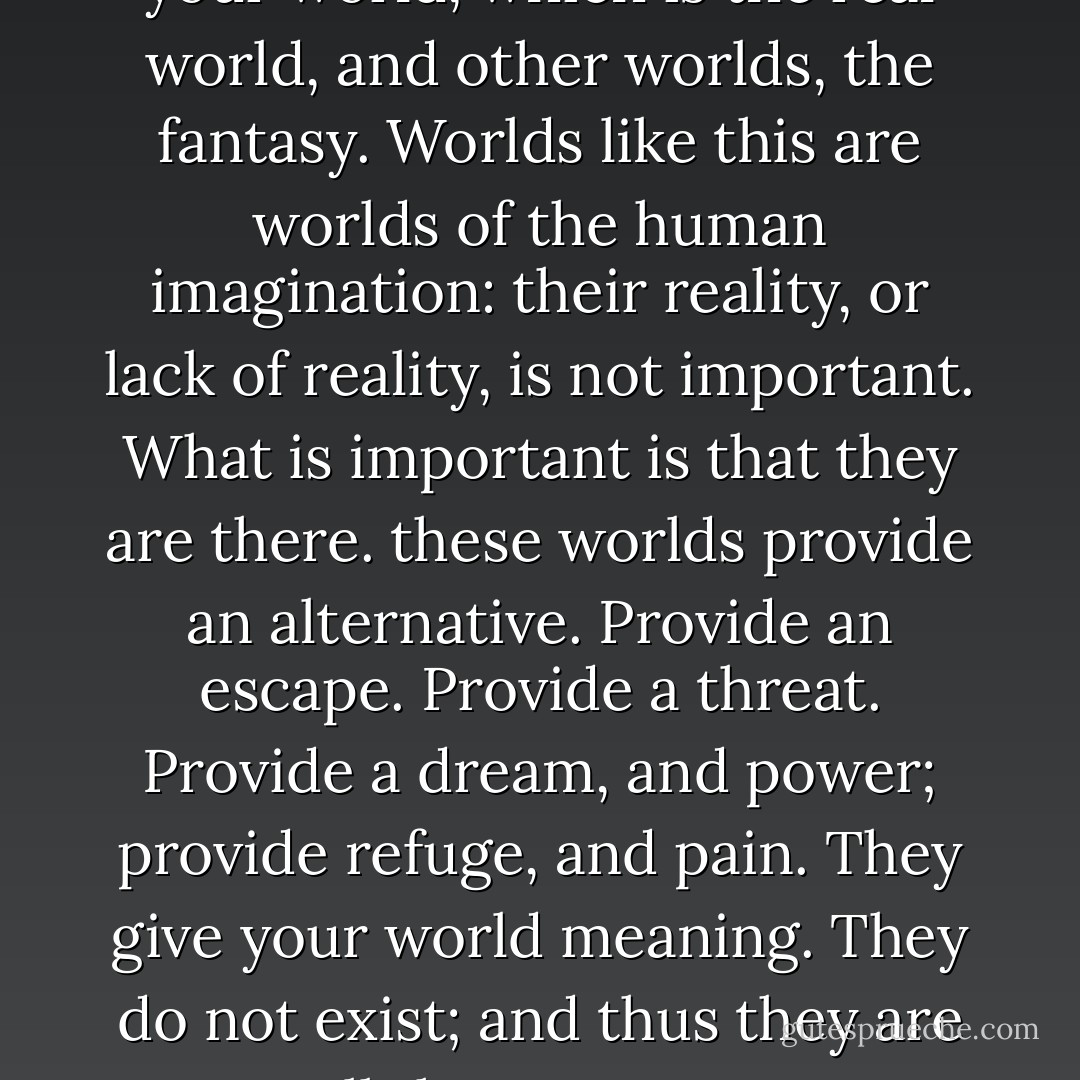 There are only two worlds - your world, which is the real world, and other worlds, the fantasy. Worlds like this are worlds of the human imagination: their reality, or lack of reality, is not important. What is important is that they are there. these worlds provide an alternative. Provide an escape. Provide a threat. Provide a dream, and power; provide refuge, and pain. They give your world meaning. They do not exist; and thus they are all that matters.  - Neil Gaiman