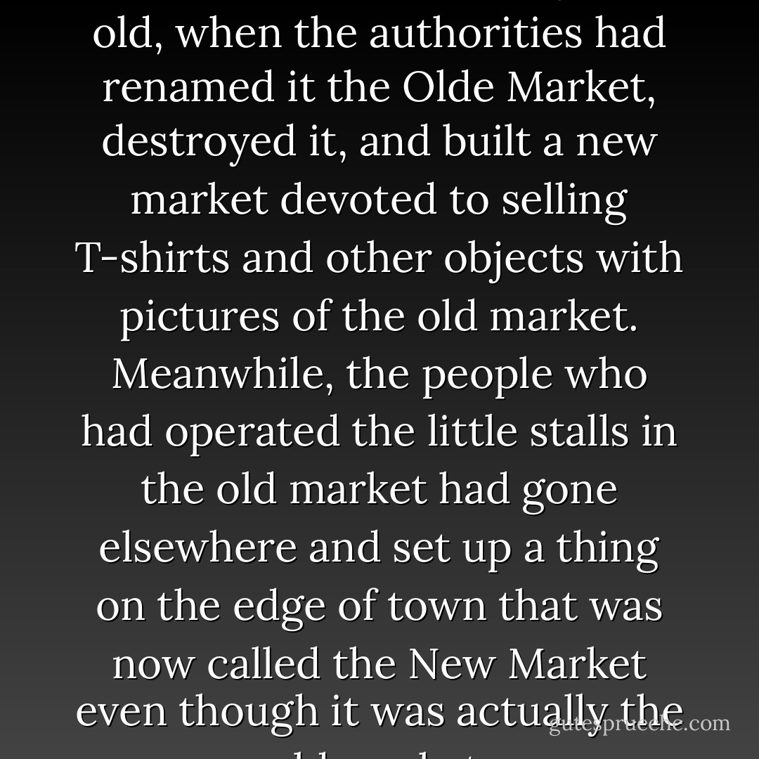 An old market had stood there until I'd been about six years old, when the authorities had renamed it the Olde Market, destroyed it, and built a new market devoted to selling T-shirts and other objects with pictures of the old market. Meanwhile, the people who had operated the little stalls in the old market had gone elsewhere and set up a thing on the edge of town that was now called the New Market even though it was actually the old market. - Neal Stephenson
