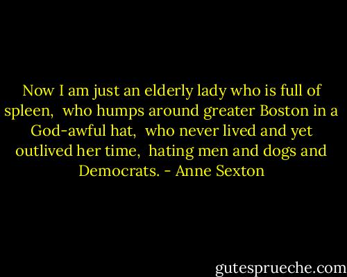 Now I am just an elderly lady who is full of spleen, <br />who humps around greater Boston in a God-awful hat, <br />who never lived and yet outlived her time, <br />hating men and dogs and Democrats. - Anne Sexton