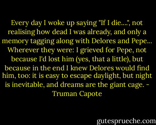 Every day I woke up saying "If I die....", not realising how dead I was already, and only a memory tagging along with Delores and Pepe... Wherever they were: I grieved for Pepe, not because I'd lost him (yes, that a little), but because in the end I knew Delores would find him, too: it is easy to escape daylight, but night is inevitable, and dreams are the giant cage. - Truman Capote