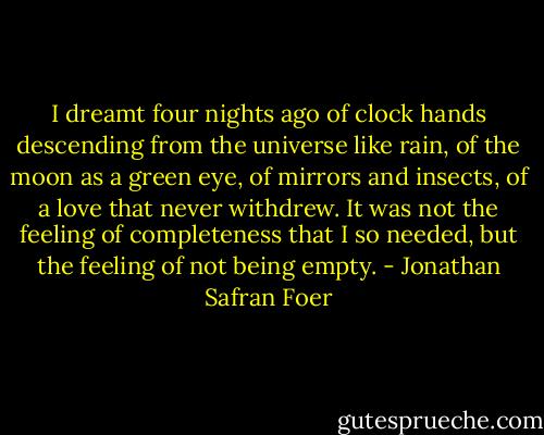 I dreamt four nights ago of clock hands descending from the universe like rain, of the moon as a green eye, of mirrors and insects, of a love that never withdrew. It was not the feeling of completeness that I so needed, but the feeling of not being empty. - Jonathan Safran Foer