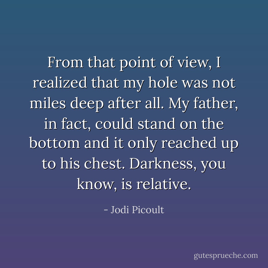 From that point of view, I realized that my hole was not miles deep after all. My father, in fact, could stand on the bottom and it only reached up to his chest.<br />Darkness, you know, is relative. - Jodi Picoult