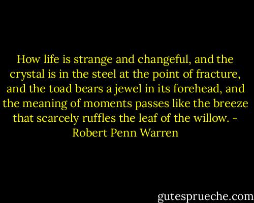 How life is strange and changeful, and the crystal is in the steel at the point of fracture, and the toad bears a jewel in its forehead, and the meaning of moments passes like the breeze that scarcely ruffles the leaf of the willow. - Robert Penn Warren