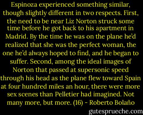 Espinoza experienced something similar, though slightly different in two respects. First, the need to be near Liz Norton struck some time before he got back to his apartment in Madrid. By the time he was on the plane he’d realized that she was the perfect woman, the one he’d always hoped to find, and he began to suffer. Second, among the ideal images of Norton that passed at supersonic speed through his head as the plane flew toward Spain at four hundred miles an hour, there were more sex scenes than Pelletier had imagined. Not many more, but more. (16) - Roberto Bolaño