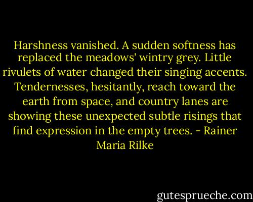 Harshness vanished. A sudden softness has replaced the meadows' wintry grey. Little rivulets of water changed their singing accents. Tendernesses, hesitantly, reach toward the earth from space, and country lanes are showing these unexpected subtle risings that find expression in the empty trees. - Rainer Maria Rilke