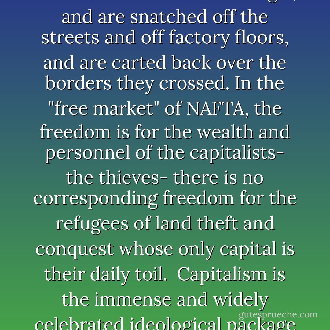 Under NAFTA, businesses, their property and their money can travel back and forth across national borders with relative ease, while workers who try to do the same are dubbed illegal, and are snatched off the streets and off factory floors, and are carted back over the borders they crossed. In the "free market" of NAFTA, the freedom is for the wealth and personnel of the capitalists- the thieves- there is no corresponding freedom for the refugees of land theft and conquest whose only capital is their daily toil.<br /><br />Capitalism is the immense and widely celebrated ideological package used to rewrap theft as freedom, to recast imperialism as democracy. (273) Mexico Unconquered - John Gibler