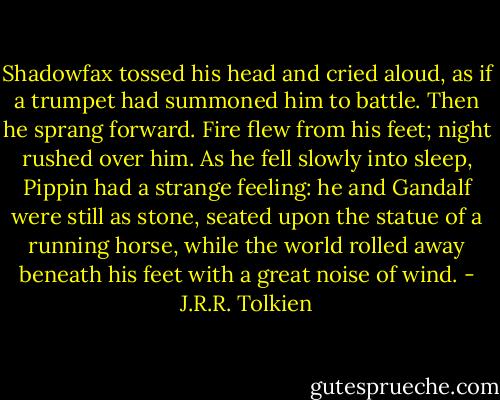 Shadowfax tossed his head and cried aloud, as if a trumpet had summoned him to battle. Then he sprang forward. Fire flew from his feet; night rushed over him. As he fell slowly into sleep, Pippin had a strange feeling: he and Gandalf were still as stone, seated upon the statue of a running horse, while the world rolled away beneath his feet with a great noise of wind. - J.R.R. Tolkien