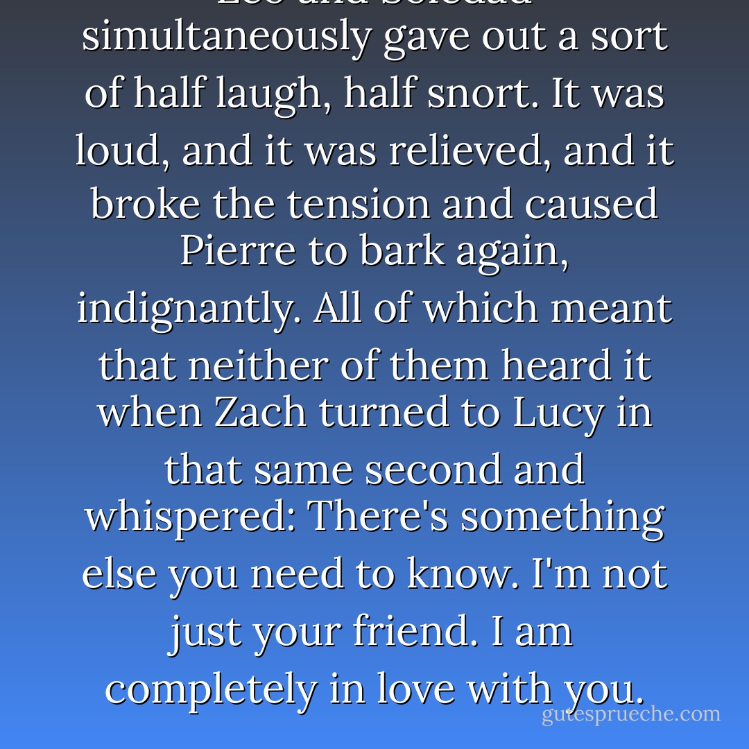Leo and Soledad simultaneously gave out a sort of half laugh, half snort. It was loud, and it was relieved, and it broke the tension and caused Pierre to bark again, indignantly.<br />All of which meant that neither of them heard it when Zach turned to Lucy in that same second and whispered:<br />There's something else you need to know. I'm not just your friend. I am completely in love with you. - Nancy Werlin