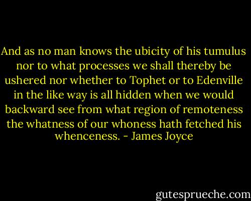And as no man knows the ubicity of his tumulus nor to what processes we shall thereby be ushered nor whether to Tophet or to Edenville in the like way is all hidden when we would backward see from what region of remoteness the whatness of our whoness hath fetched his whenceness. - James Joyce
