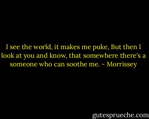 I see the world, it makes me puke,<br />But then I look at you and know,<br />that somewhere there's a someone who can soothe me. - Morrissey