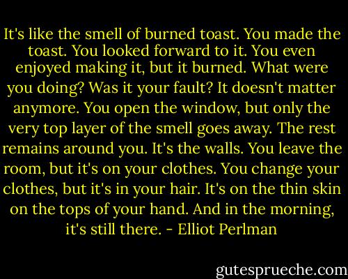 It's like the smell of burned toast. You made the toast. You looked forward to it. You even enjoyed making it, but it burned. What were you doing? Was it your fault? It doesn't matter anymore. You open the window, but only the very top layer of the smell goes away. The rest remains around you. It's the walls. You leave the room, but it's on your clothes. You change your clothes, but it's in your hair. It's on the thin skin on the tops of your hand. And in the morning, it's still there. - Elliot Perlman