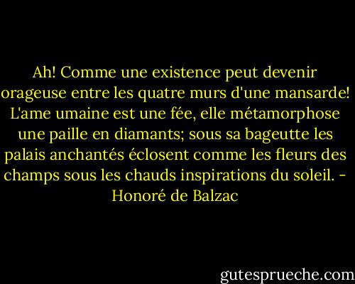 Ah! Comme une existence peut devenir orageuse entre les quatre murs d'une mansarde! L'ame umaine est une fée, elle métamorphose une paille en diamants; sous sa bageutte les palais anchantés éclosent comme les fleurs des champs sous les chauds inspirations du soleil. - Honoré de Balzac