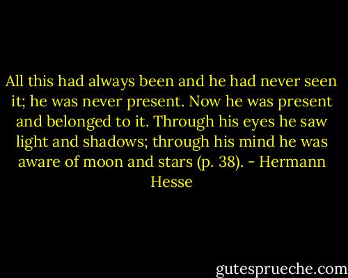 All this had always been and he had never seen it; he was never present. Now he was present and belonged to it. Through his eyes he saw light and shadows; through his mind he was aware of moon and stars (p. 38). - Hermann Hesse