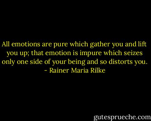 All emotions are pure which gather you and lift you up; that emotion is impure which seizes only one side of your being and so distorts you. - Rainer Maria Rilke
