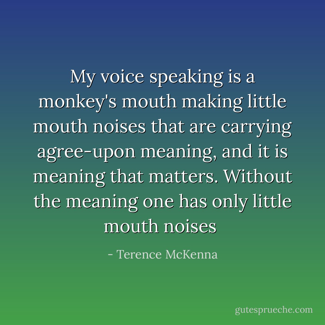 My voice speaking is a monkey's mouth making little mouth noises that are carrying agree-upon meaning, and it is meaning that matters. Without the meaning one has only little mouth noises  - Terence McKenna