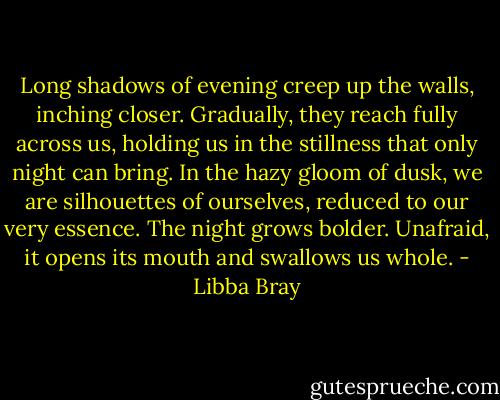 Long shadows of evening creep up the walls, inching closer. Gradually, they reach fully across us, holding us in the stillness that only night can bring. In the hazy gloom of dusk, we are silhouettes of ourselves, reduced to our very essence. The night grows bolder. Unafraid, it opens its mouth and swallows us whole. - Libba Bray