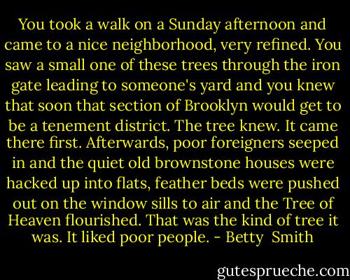 You took a walk on a Sunday afternoon and came to a nice neighborhood, very refined. You saw a small one of these trees through the iron gate leading to someone's yard and you knew that soon that section of Brooklyn would get to be a tenement district. The tree knew. It came there first. Afterwards, poor foreigners seeped in and the quiet old brownstone houses were hacked up into flats, feather beds were pushed out on the window sills to air and the Tree of Heaven flourished. That was the kind of tree it was. It liked poor people. - Betty  Smith
