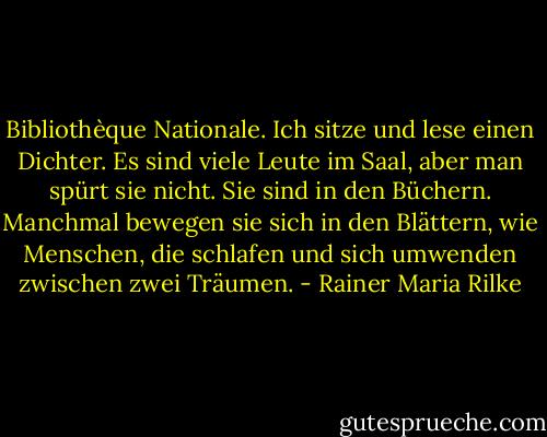 Bibliothèque Nationale. Ich sitze und lese einen Dichter. Es sind viele Leute im Saal, aber man spürt sie nicht. Sie sind in den Büchern. Manchmal bewegen sie sich in den Blättern, wie Menschen, die schlafen und sich umwenden zwischen zwei Träumen. - Rainer Maria Rilke