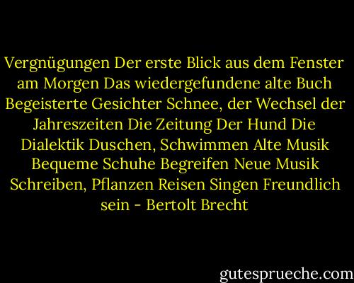 Vergnügungen<br />Der erste Blick<br />aus dem Fenster am Morgen<br />Das wiedergefundene alte Buch<br />Begeisterte Gesichter<br />Schnee, der Wechsel der Jahreszeiten<br />Die Zeitung<br />Der Hund<br />Die Dialektik<br />Duschen, Schwimmen<br />Alte Musik<br />Bequeme Schuhe<br />Begreifen<br />Neue Musik<br />Schreiben, Pflanzen<br />Reisen<br />Singen<br />Freundlich sein - Bertolt Brecht