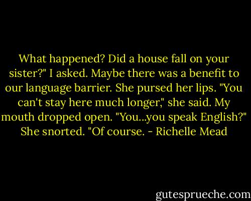 What happened? Did a house fall on your sister?" I asked. Maybe there was a benefit to our language barrier. She pursed her lips.<br />"You can't stay here much longer," she said.<br />My mouth dropped open.<br />"You...you speak English?"<br />She snorted. "Of course. - Richelle Mead